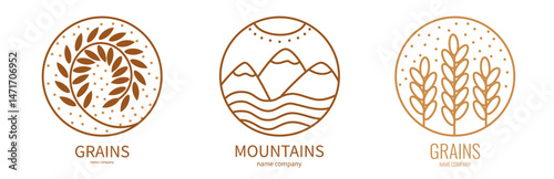 logo landscape with mountains and sun in circle. mountains for a travel, health and hike. Linear icon of grains of wheat or other grain crops.  