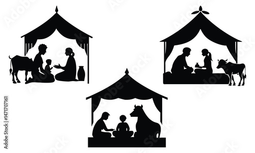 Vector illustration icon design shows a nativity scene with the holy family near a symbol of the holy cross, a sign of their sacred home