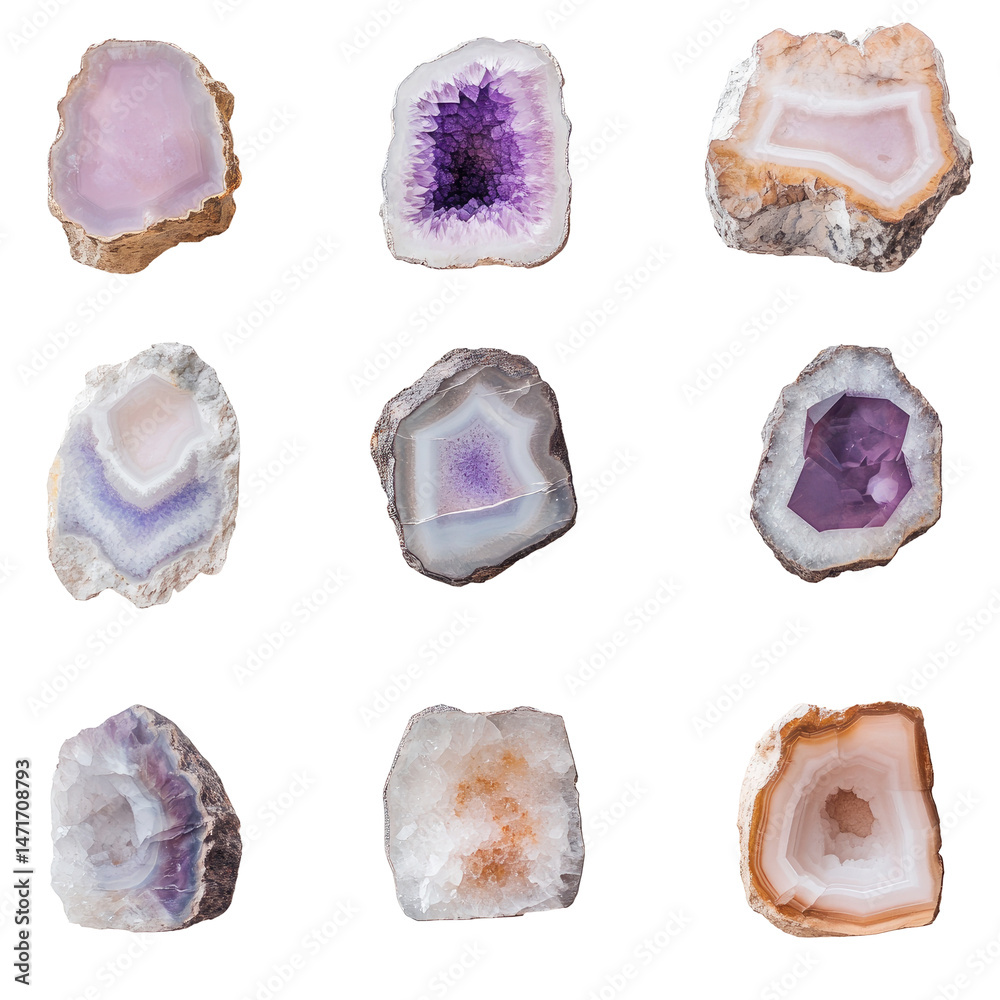 Fototapeta premium Nine polished amethyst and agate slices
