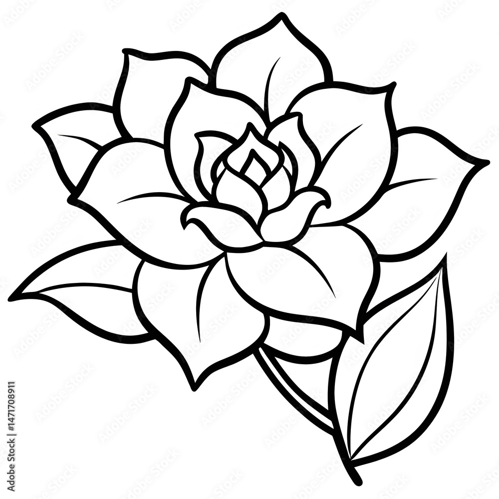 A detailed black and white illustration of a camellia flower and leaves, suitable for graphic design or artistic projects. coloring page A detailed black and white illustration of a camellia flower and leaves, suitable for graphic design or artistic projects. coloring page