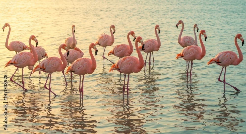 Obraz premium A group of pink flamingos standing gracefully in the lake, reflecting on the calm water, creating a serene and colorful natural scene.