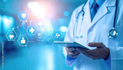 Doctor Using Tablet with Medical Icons in Modern Healthcare Setting