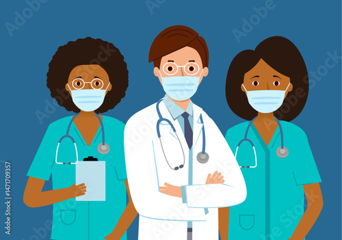 Group of doctors from medical clinic. Doctor in white bubble on blue background. Therapist or  dentist  in glasses on neck of a stethoscope. Vector illustration