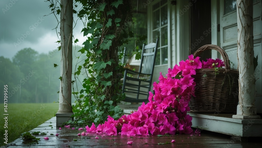 Fototapeta premium Pink flowers spilling from a basket onto a porch with two rocking chairs. Suitable for spring or garden related designs. Cheerful and inviting scene.