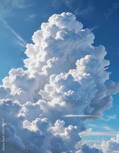 Fluffy white cumulus cloud drifts across vibrant azure sky , sky, art