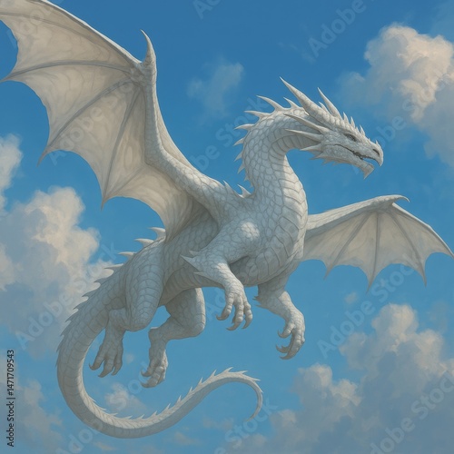 White dragon flying in the sky with fantasy and cultural art style