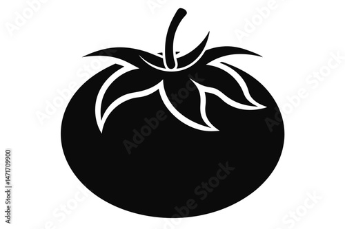 Simple tomato silhouette showcases a round fruit with leafy stem element