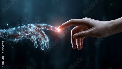 Artificial intelligence and a human hand touching each other, a digital technology concept for the