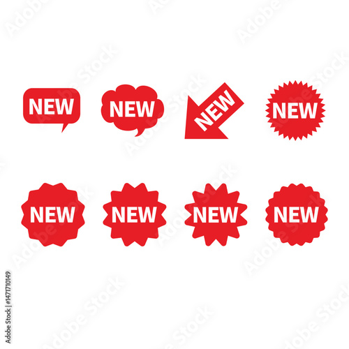 New Label stickers collection icon set. Sale tags. Shopping Tags. Sale icons. Badges with word new. Red promotion labels for arrivals shop section. Label, sticker, tags, badge, ribbon for promotion.