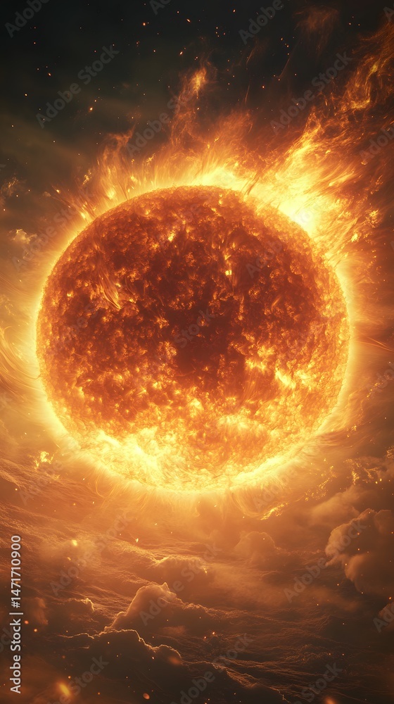 Obraz premium The sun blazes in the cosmic arena, a luminous celestial body against the backdrop of ethereal space clouds, it embodies the raw power of the cosmos.