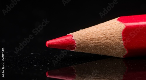 Red Pencil Tip Close Up - Macro shot of a sharpened red colored pencil against a black background. The texture of the wood and the vibrant color are highlighted