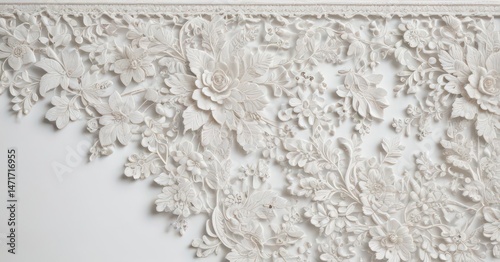 Delicate antique lace trim, intricate floral pattern, textured white background  ,  delicate,  classic