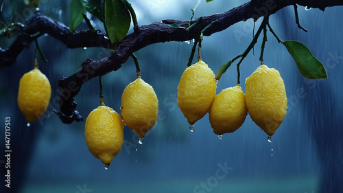 Hanging lemons on twisted branches after rainfall 32k, full ultra hd, high resolution