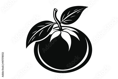 Monochrome drawing displays a single tomato with leaves and stem in solid black color