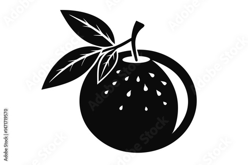 Black silhouette of a single orange fruit with three leaves attached looks fresh