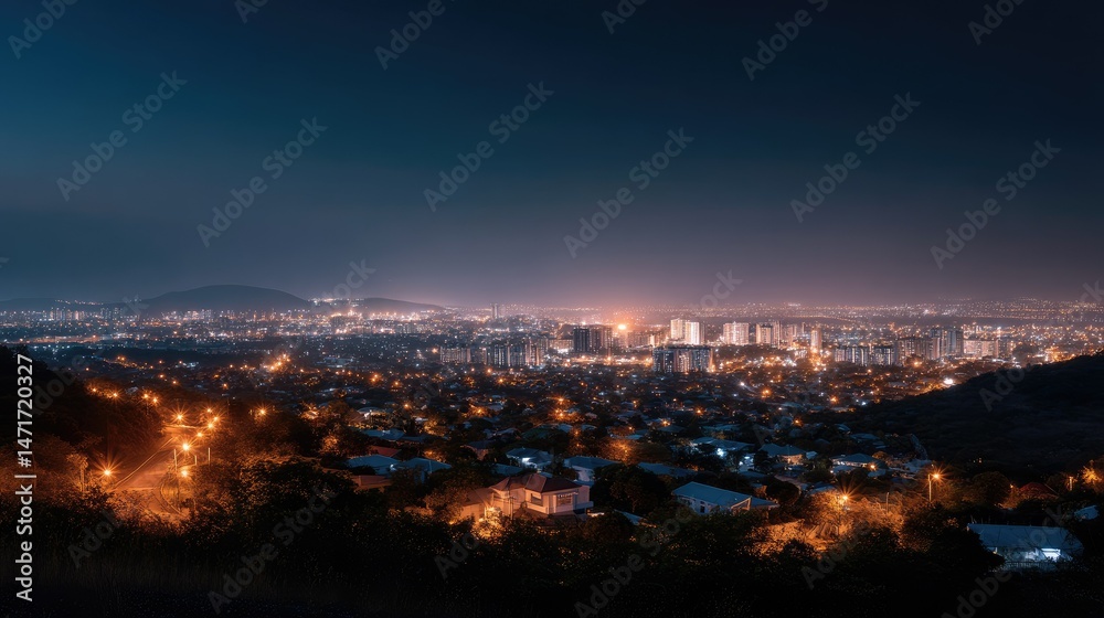 Obraz premium Beautiful panoramic shot of a city illuminated by thousands of street lights at night, with the glow of buildings creating a captivating skyline