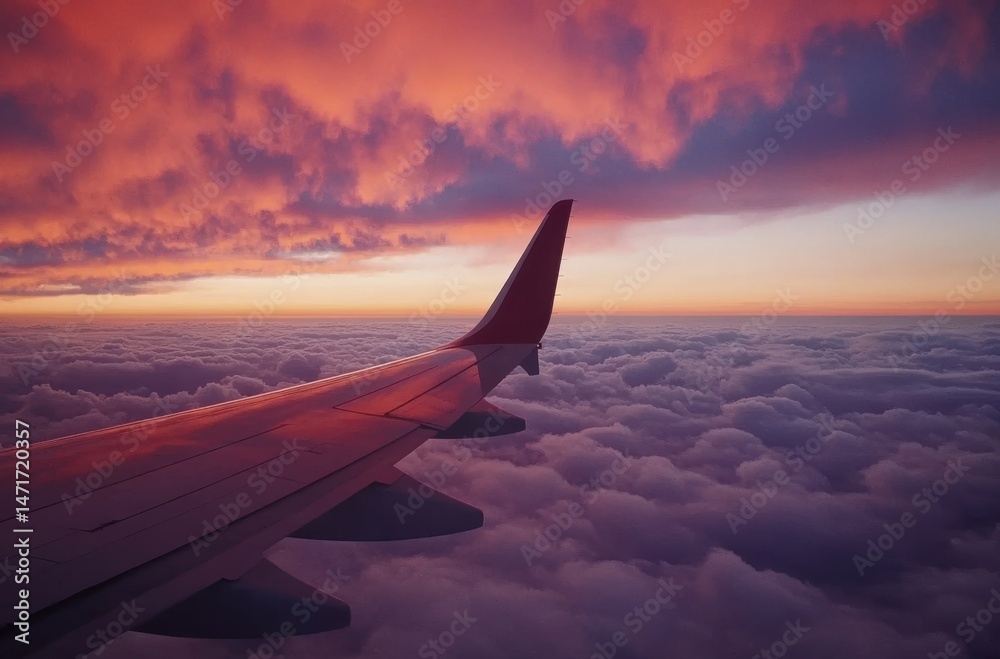 Obraz premium Airplane wing over clouds during sunset flight