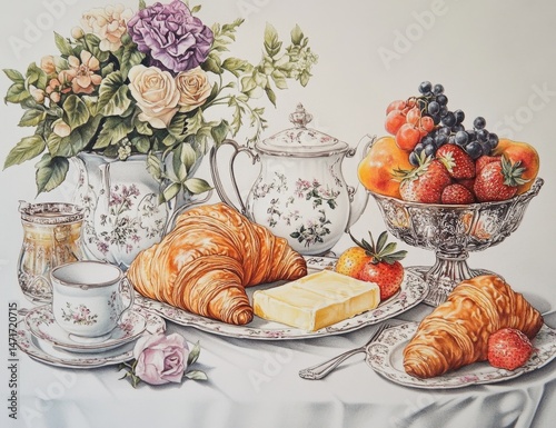 Elegant breakfast scene with flowers and pastries