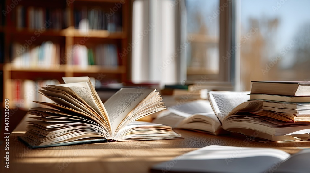 Fototapeta premium Books open on a desk in a sunlit library, with annotations and bookmarks, showing active learning and research