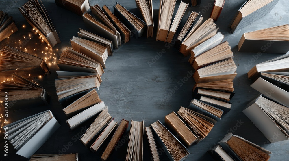 Fototapeta premium Books placed in a circular arrangement on a table, top view, symbolizing a community of knowledge
