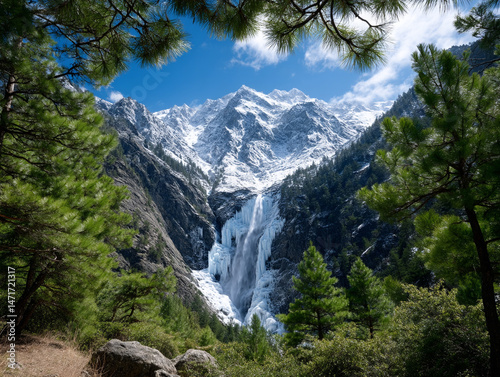 High mountain waterfall framed by icy cliffs and pine 32k, full ultra hd, high resolution
