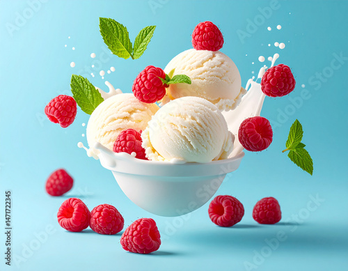 Fresh berries falling into ice cream