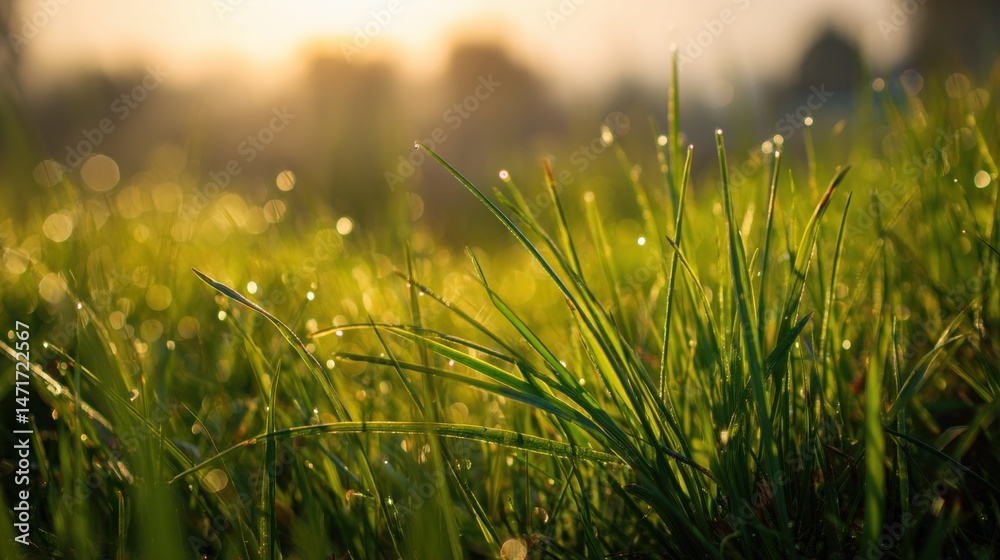 Fototapeta premium Morning Dew on Fresh Green Grass with Soft Sunlight and Blurred Background in Nature
