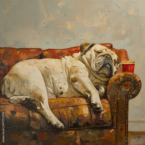 Fat dog sleeping on couch with snack, oil painting cartoon