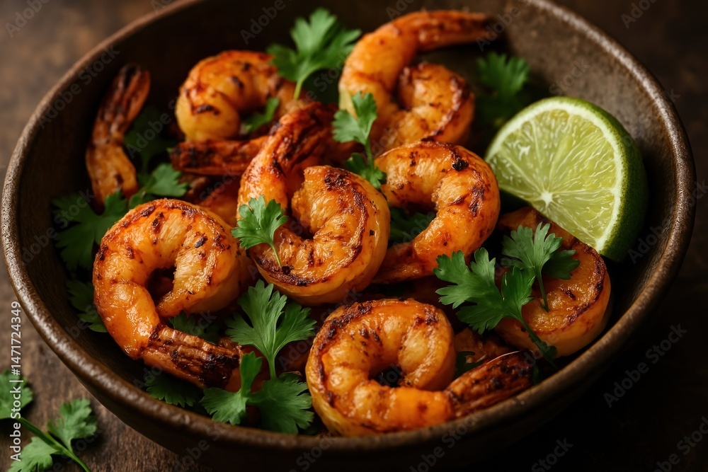 Fototapeta premium Grilled shrimp with lime garnish.