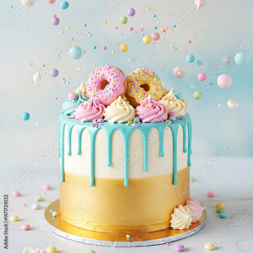 Whimsical Pastel Celebration Cake with Donuts and Sprinkles photo