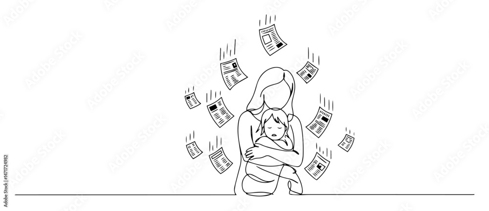 Obraz premium Minimalist line art businesswoman juggling flying banknotes, cash flow