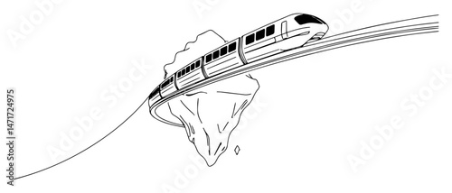 Line art train speeding off cliff toward iceberg, danger concept