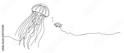 one line vector of jellyfish and submarine underwater, surreal marine concept drawing