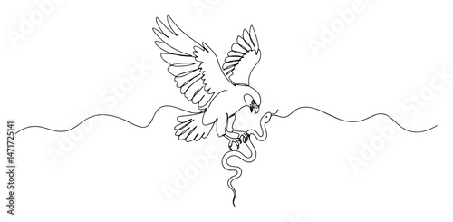 Eagle catching snake over water, predator-prey line art