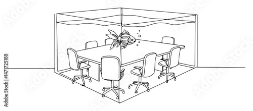Surreal vector of a conference room as an aquarium with fish. Conceptual one-line drawing about corporate life and isolation
