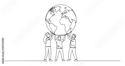 One line vector of people holding up the Earth together