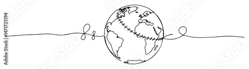 One-line minimalist drawing of a globe connected by a looping thread. Symbol of unity, travel, and global ties