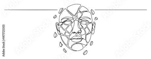 abstract vector of a broken human face in continuous line art, symbolizing fragility and emotion