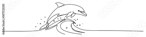 dolphin jumping over a wave drawn in simple continuous line, dynamic marine vector design