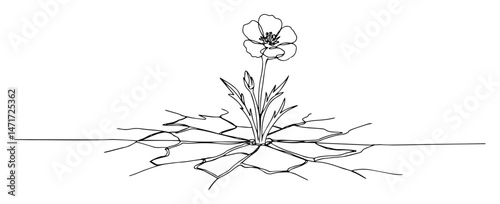 one line vector of flower growing from cracked ground, symbol of resilience and hope