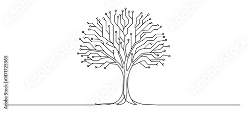 abstract tree with branches shaped like electronic circuits, one line vector illustration