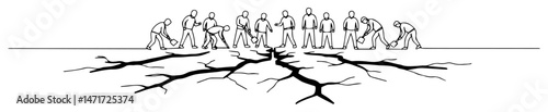 group of people over cracked ground in one line style, symbol of collective power and change