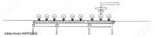 Minimal one line drawing of lightbulbs on a conveyor. Symbol of idea generation, creativity, and innovation