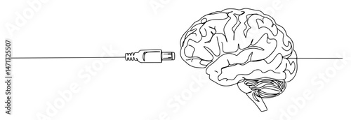 human brain with usb cable connection, symbolic vector illustration for technology and ai concepts