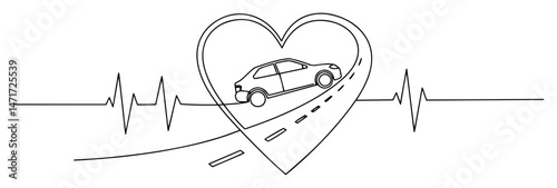 Heart-shaped road trip with car and heartbeat, love of driving