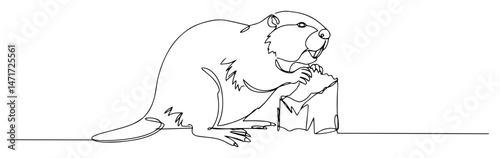 black and white vector of a beaver chewing a log, drawn in clean continuous line style, perfect for wildlife designs