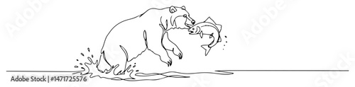 Bear catching fish in river, hunting scene line art