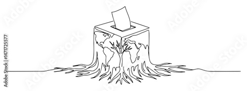 Ballot box grown from tree stump with global roots, climate vote
