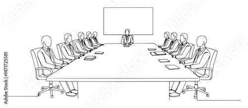 One leader at long boardroom table facing many executives