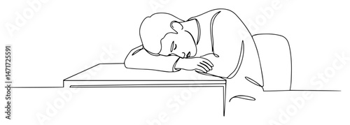 tired man sleeping at desk, continuous line vector drawing in black and white